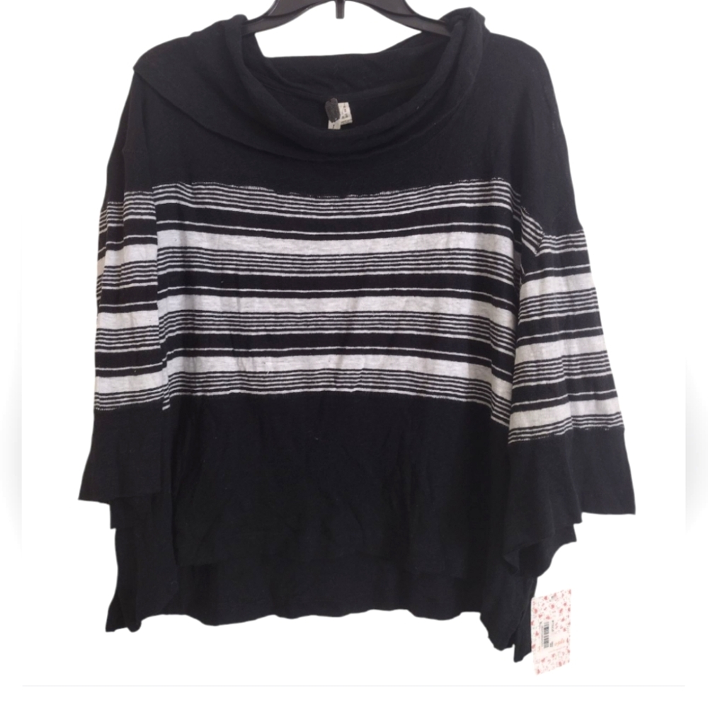 Free People Black White Sea Side Striped Cotton Linen Blend Sweater Size Large